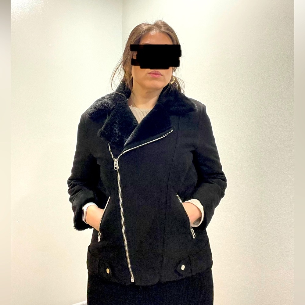 H&M Black Faux Sherpa Suede Moto Oversized Jacket
